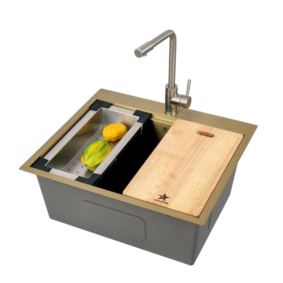 STARSTARWorkstation Ledge Topmount/Drop-in Single Bowl Satin Matte Stainless Steel Kitchen/Yard/Bar/Laundry/Office Sink, With Grid, Colander, Cutting Board, Strainer (23x20x9 Gold)