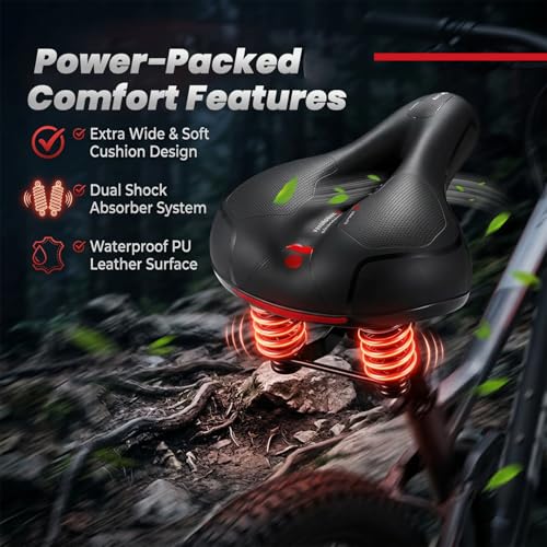 Image of SEMITO Cycle Seat Cushion for Men & Women | Wide Soft Bicycle Saddle with Dual Shock Absorber, Waterproof PU Leather & Reflective Backlight | Universal Fit for MTB, Road, Hybrid & Exercise Cycle