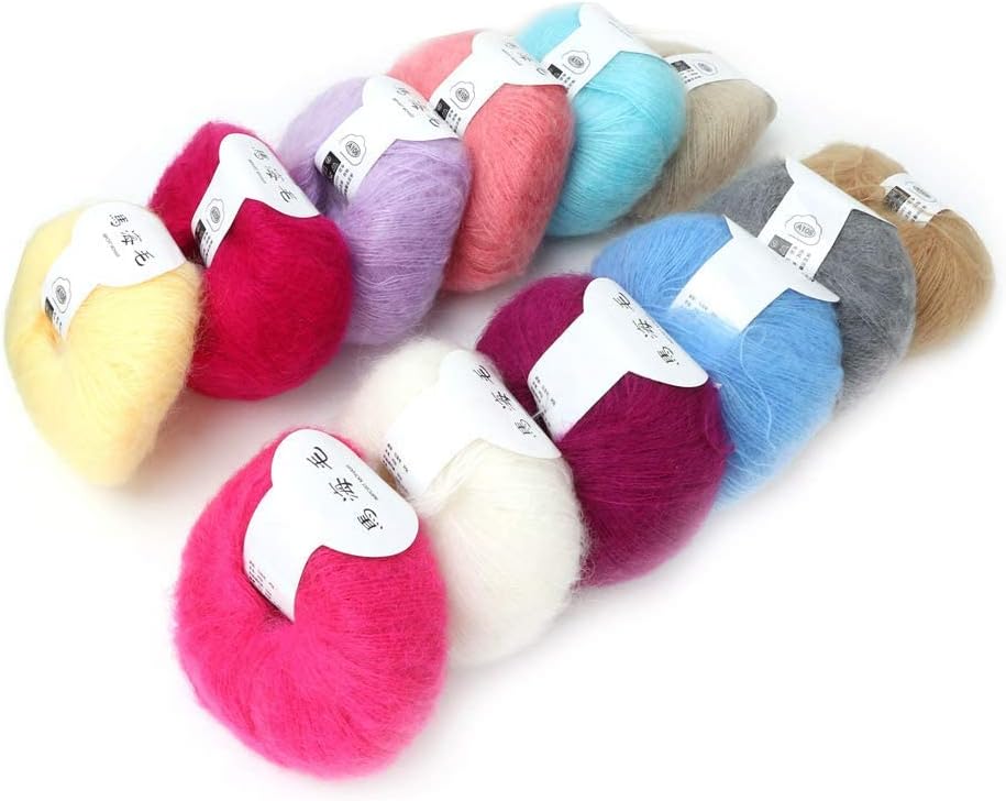 Popular Soft Mohair Knitting Angora Wool Yarn for DIY Knitting (with a Crochet)(12 Colors a Set)