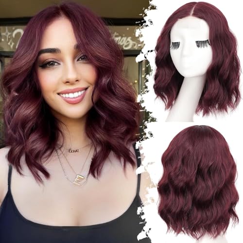 Nuxovin Wine Red Short Wavy Real Hair Wigs for Women,