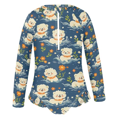 ALAZA Lovely Puppy Dog Blue Blossom Girls One Piece Swimsuit Long Sleeve Rash Guard Swimsuits UV 50+ Swimwear Zipper2