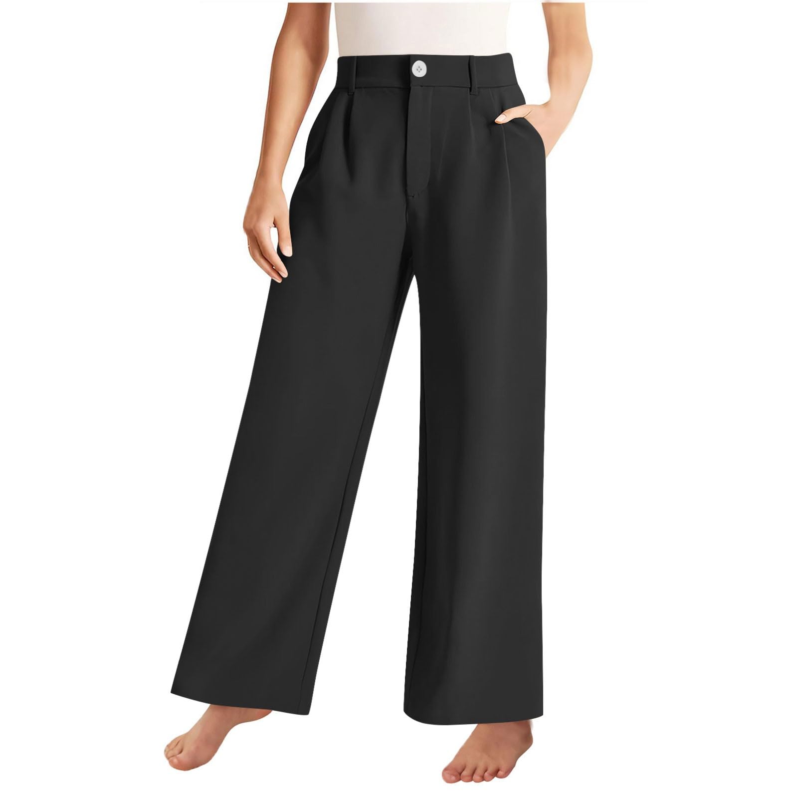 Girls Business High Waisted Straight Trousers Plain Color Active Suit Pants Casual Wide Leg Pants with (Black, 140)