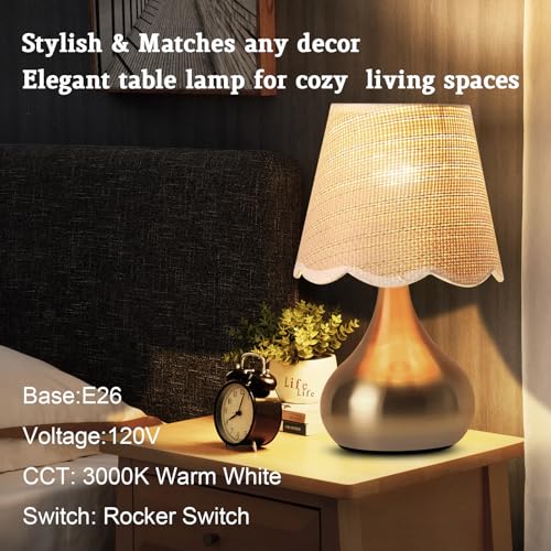 Small Table Lamp - Brass Gold Mini Table Lamps for Bedroom Vintage Decor Bedside Lamps for Night Stands Scalloped Rattan Shade Desk Lamp for Kids Room, Living Room, College Dorm, Home, Kitchen - Image 3