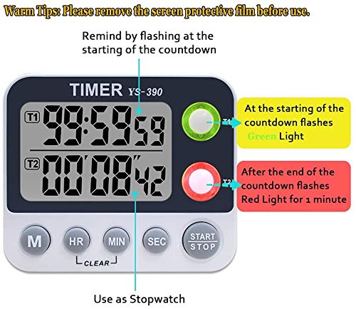 Samshow Digital Dual Kitchen Timer, Countdown Timer, Cooking Timer, Stopwatch, Large LCD Display Count Up/Down Timer, Alarm Reminding by Flashing, Magnetic Back, Stand, White, Battery Included