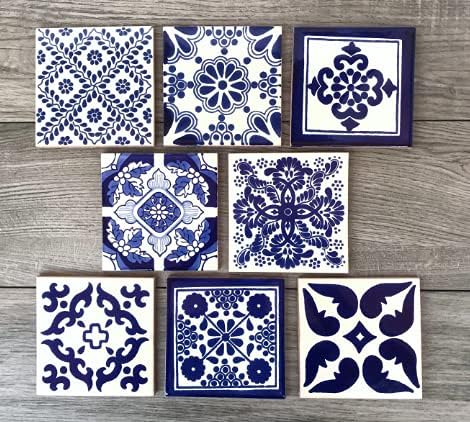 Mixed Set of 8 Blue Mexican Tile Coasters