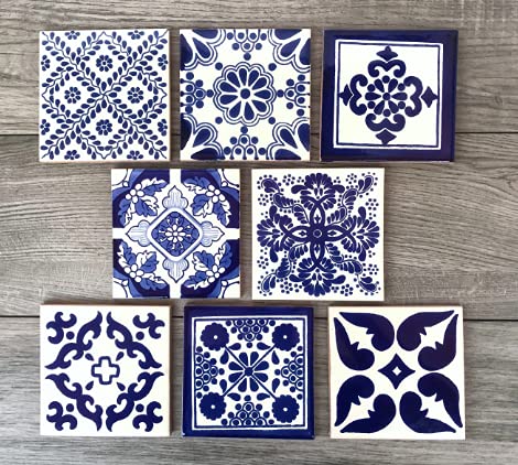 Mixed Set of 8 Blue and Off-White Mexican Tile Coasters