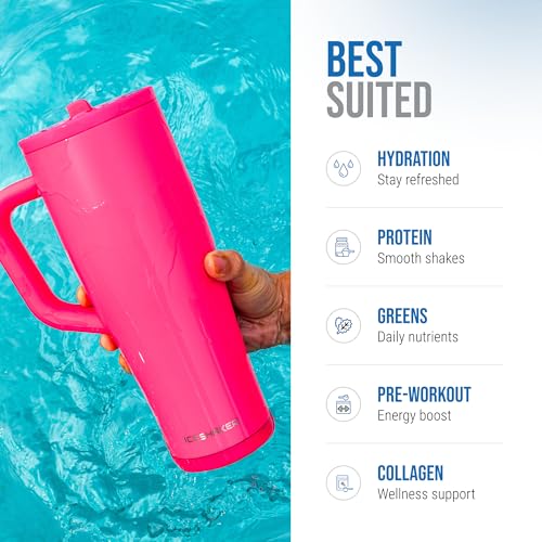 Image of Ice Shaker 40 oz Tumbler with Handle and Straw | 40oz Neon Pink | Cold for 30+ Hours | 2-in-1 Tumbler Shaker Bottle | Odor-Free 40 ounce Bottle for Water, Protein Shakes, Smoothies, Cocktails