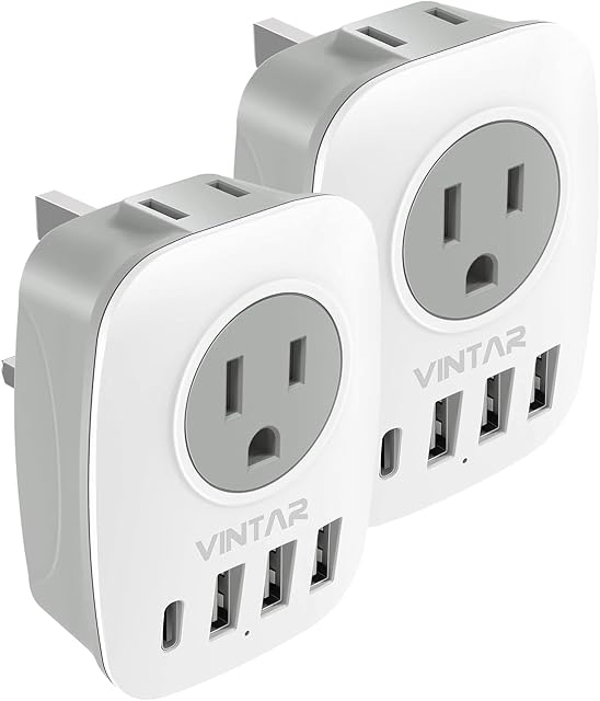 2 Pack UK Ireland Travel Plug Adapter, VINTAR Canada to UK Plug Adapter with 1 USB C, 2 American Outlets and 3 USB Ports, 6 in 1 International Power Adapter for England Singapore Hongkong(Type G)
