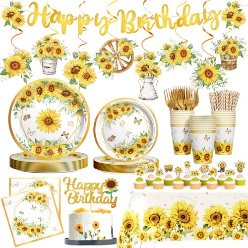 Hombae Sunflower Birthday Party Decorations Tableware Set, 179 PCs Sunflower Yellow Birthday Party Supplies with Plates, Napkins, Forks, Hanging Swirls, Banner, Tablecloth, Serves 24 Guests