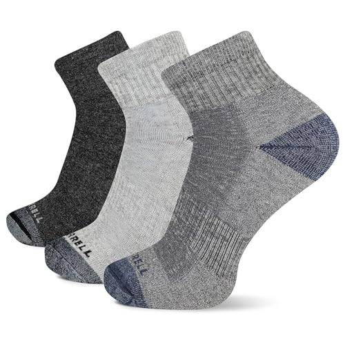Merrell Men's 3 Pack Cushioned Performance Hiker Socks (Low/Quarter/Crew Socks), Charcoal Black (Quarter), Shoe Size: 9.5-12