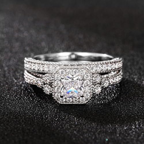 2pcs/set White Gold Plated Cubic Zirconia Inlaid Exquisite Engagement Rings Wedding Bridal Band Promise Rings Evening Parties Anniversary Valentine's Day Gifts Eternity Bands for Women