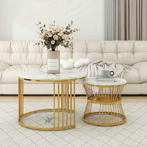 Image of MELVON Lightweight Nesting Coffee Table Set of 2, Golden Frame with White Marble Look Top, Two Tier Storage Round Center & Side Table for Living Room & Balcony
