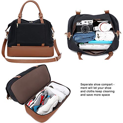 BLUBOON Weekender Overnight Bag for Women Ladies Travel Tote Duffel Bag with Shoe Compartment Canvas Carry On Bag for Airplanes (289 Black)