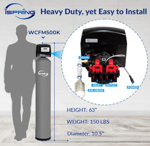 iSpring WCFM500K Whole House Water Filtration System for Iron, Manganese & Hydrogen Sulfide Removal, Well Water Compatible, Set & Forget, Lasts up to 10 Years