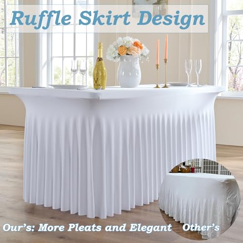 Image of 2 pk White Spandex Table Cloth Rectangle 8ft with Ruffle Skirt,Wrinkle Free High-Stretch Fitted Tablecloths for 8 Foot Rectangle Tables,Elastic Spandex Table Covers 8 ft for Parties Weddings Banquet