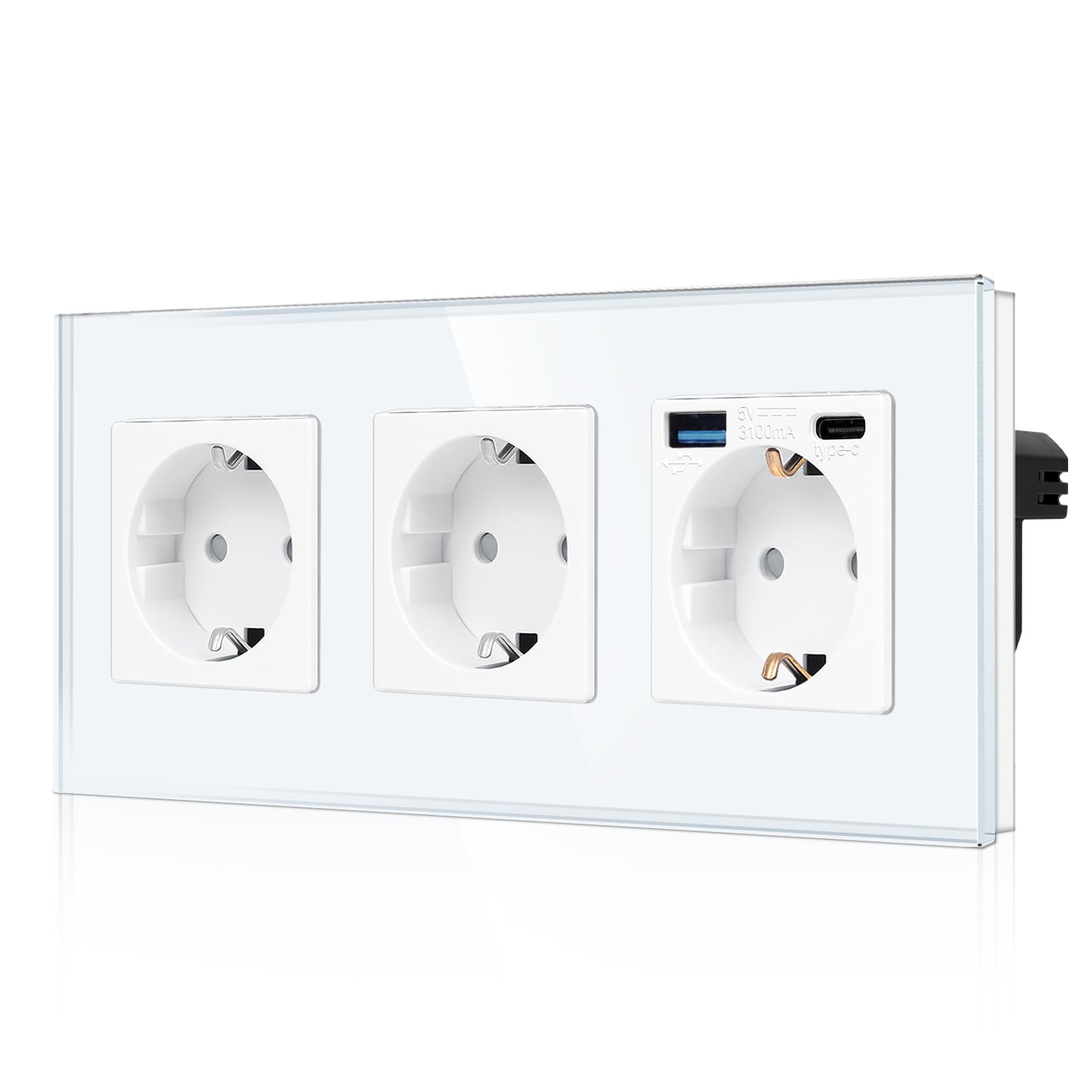 CNBINGO Dreifachsteckdose mit 2× USB-Anschluss (20W Schnellladen) - 1× (Typ-C und USB-A) - Dreifach Glas Schuko Steckdose Unterputz - Weiß Wandsteckdose mit Kindersicherung