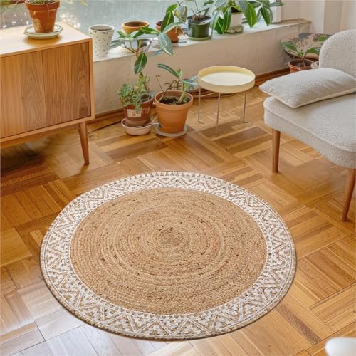 Image of voyzz home Premium Natural Jute Braided Area Rug, 5-feet Round, White Printed Border, Stain Resistance, Natural Handmade Rug for Entryways, Living Room, Dining Room, Bedroom, Farmhouse, Kitchen