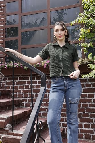 Image of Zilcon Women's Textured Polo Collar Shirt | Short Sleeve Button-Down Casual Crop Top | Soft Stretch Everyday Fashion Shirt