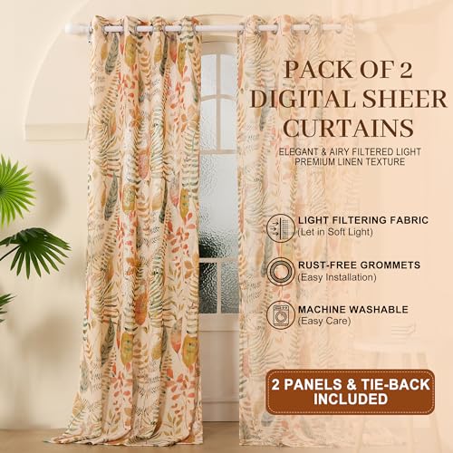 Image of Story@Home Curtains 8 Feet Long Set of 1 | Leaf Print | Semi Transparent Net Curtain | Sheer Curtains | Semi Long Door Curtain for Living Room | 118 X 242 Cm, Cream & Orange | Perfect for Home Decor
