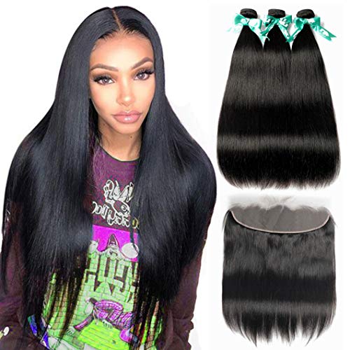 MQYQ Hair 8A Straight Bundles With Frontal (18 20 22+18 Inch) Brazilian Virgin Human Remy Hair 3 Bundles with Closure 18-Inch 13x4 Lace Frontal Natural Color