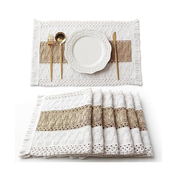 Fexia Boho Placemats Set of 6, Macrame Table Decor and Farmhouse Style Placemats Natural Cotton Burlap, for Dining Table Kitchen Fexia Boho Placemats Set of 6, Macrame Table Decor and Farmhouse Style Placemats Natural Cotton Burlap, for Dining Table Kitchen