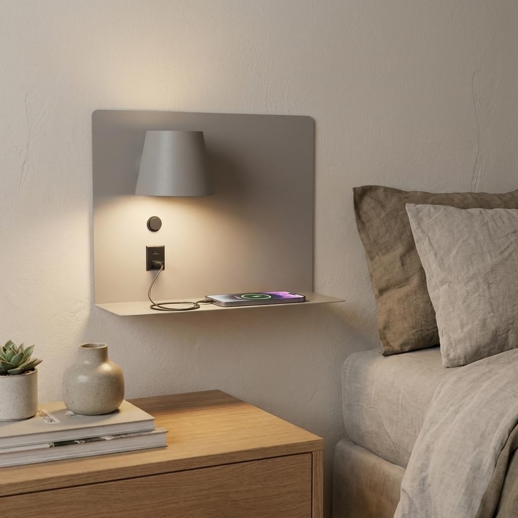 BARCELONA LED Wandleuchte BASKOP 6W Grau Links | Leselicht auf der linken Seite | USB + USB-C | Bettkopfteil Lampe mit Ablage | LED 2700K Warmweiß | 350° Drehbarer Spot für Schlafzimmer Modern