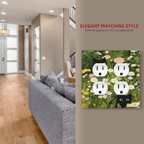 Decorative Outlet Covers Funny Cute Black Cat Colorful Flower Green Plant 2 Gang Wall Plate Cover Double Duplex Receptacle Two Switch Light Switch Cover Plate Faceplate for Home Decor