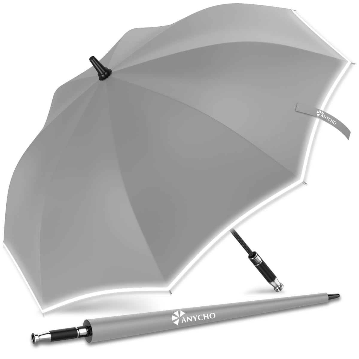 Big Umbrella for Men, Large Umbrella with Reflective Stripe for Women and Family, Windproof, UV Protection Auto Open Golf Umbrella Big Size for 2-4 Men (Grey)