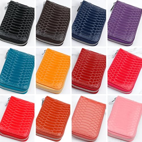 Genuine Leather 11 Card Slots Minimalist Zipper Accordion Purse with Key Ring Strap, Snake Pattern Colorful Slim Multi Pockets Zip Around Wallet, Compact Card Organizer (Black)2