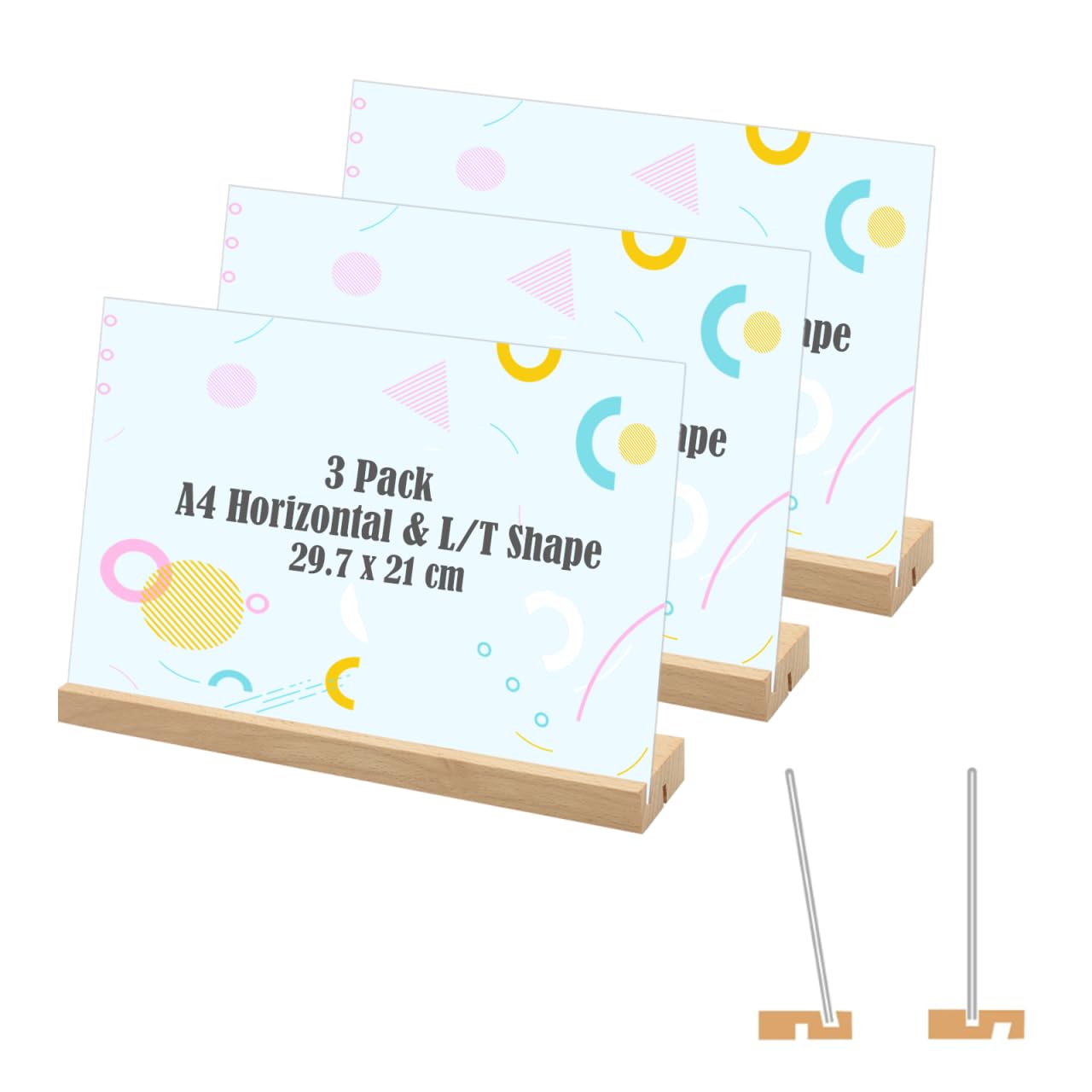 3 Pièces Présentoirs de Table A4, A4 Horizontaux Acrylique Double Face Porte Menu, Forme L/T Support Affiche Plaque avec Pied en Bois, Support de Table pour Exposition Café Bureau-297 x 210 mm