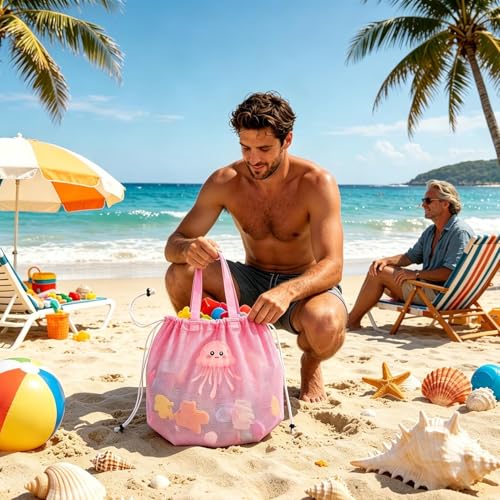 Almacenamiento plegable para vacaciones junto al mar con bolsa de malla para juguetes de playa 3