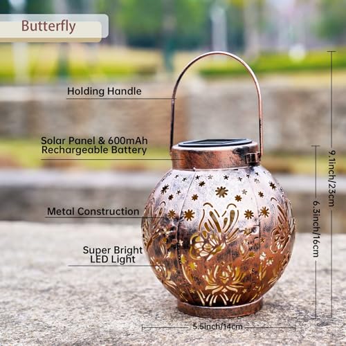 2 Pack Outdoor Solar Hanging Lantern Lights Metal LED Decorative Lamp for Garden Patio Courtyard Lawn and Table with Hollowed-Out Design (Bronze Butterfly) by EXCMARK - Image 3