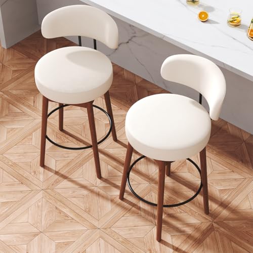 Image of COCO DESIGN White Bar Height Bar Stools Set of 4, 30 inch Swivel Chairs | Upholstered Faux Leather, Solid Wood Legs, Modern Mid Century Chairs for Kitchen Island
