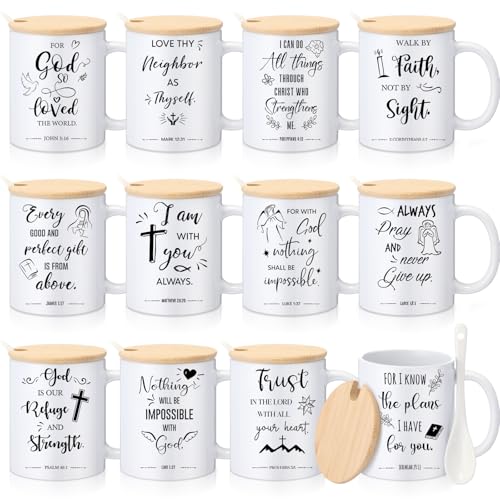 Set de 12 tazas cerámicas religiosas con tapa y cuchara miniatura 1