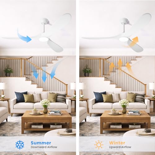 Image of heimo 52 Inch White Ceiling Fan with Light and Remote, Wood Outdoor Ceiling Fans with Lights Dimmable for Bedroom Living Room Patios Kitchen Modern 3 Blade Propeller Indoor Fan