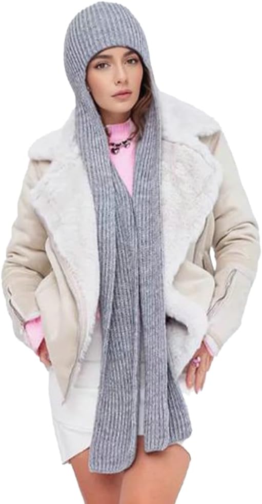 Fuzzy Knit Balaclava Women Hood Hat Scarf 2 in 1 Hooded Scarf Winter Beanie Hats Beanies Knitted Crochet Hat Scarfs Set 2025