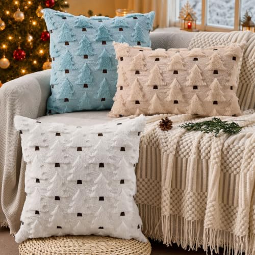 Image of Allorry Christmas Pillow Covers 18x18 inch Set of 2 Blue Christmas Decorations Soft Plush Faux Fur Wool Christmas Tree Throw Pillow Cases Winter Holiday Decor for Sofa Living Room PT002F18