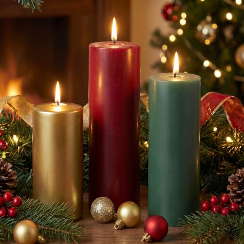 Image of Conelist 3 Pack Christmas Pillar Candles Set Red Green and Gold 3 Sizes | Unscented Dripless Christmas Candles, 4in 5in 6in Smokeless Holiday Candles for Gift Dinner Centerpieces Party Decoration