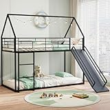 GYMAX Metal Kids Bunk Bed, Children Loft Bed with Slide, Safety Guardrail & Ladder, House Shaped Toddler Bedframe for Boys Girls, No Box Spring Needed (Black, 196 x 195 x 179 cm) - Image 8