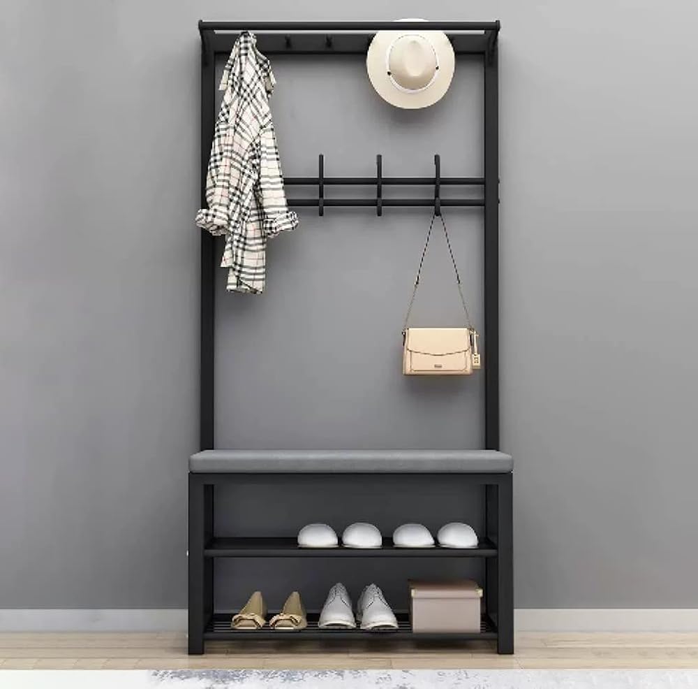 MYUYEE Vintage Coat Rack With Bench, Metal Frame Coat Rack With Shoe Racks, Metal Coat Rack With Shoe Rack And Hooks For Hallway Bedroom, 100X33X170Cm(80X33X170Cm A-A)