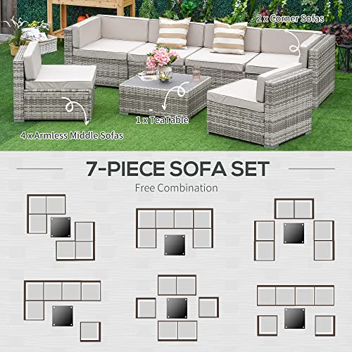 Outsunny 7 Piece Outdoor Patio Furniture Set, Pe Rattan Wicker Sectional Sofa Patio Conversation Sets With Couch Cushions, Throw Pillows And Slat Coffee Table, Stripe, Beige #TOP5