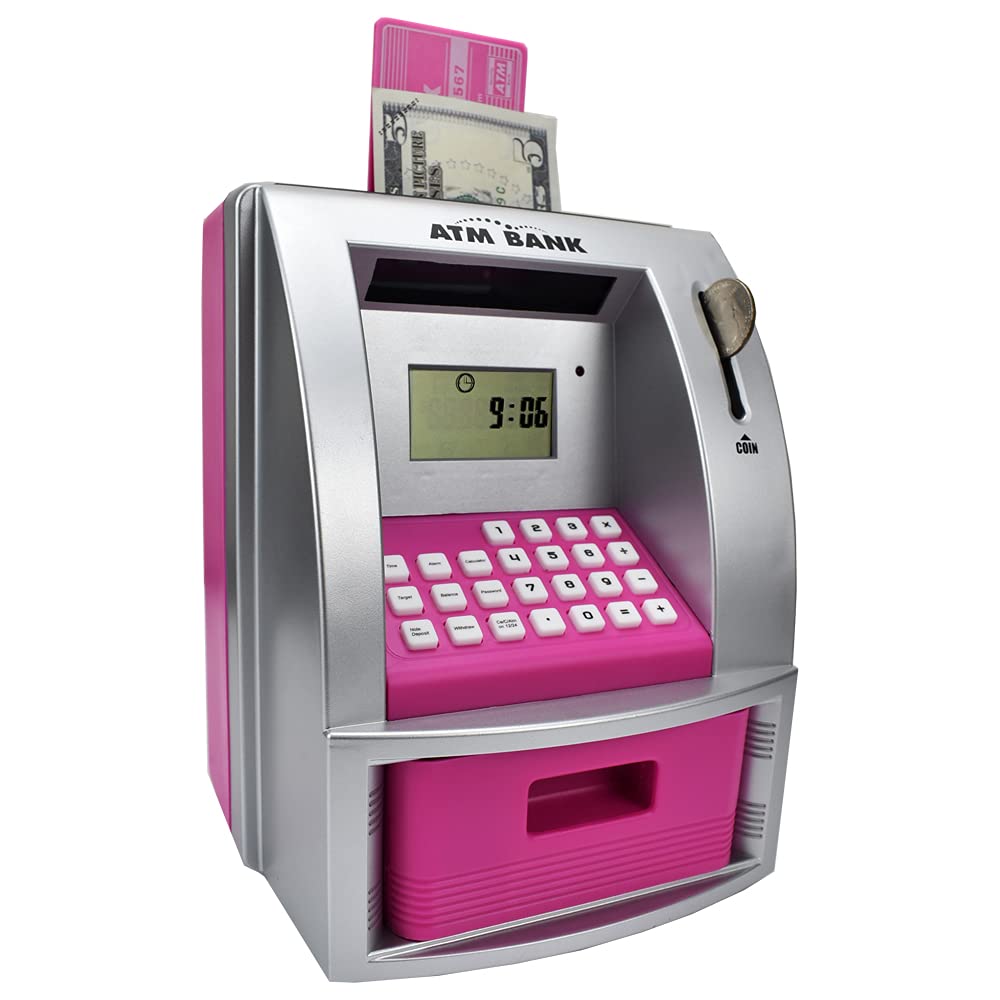 Toy Talking ATM Bank ATM Machine Savings Bank for Kids –Works a Real one- Deposit, Withdraw, Debit Card, Saving Target, Timer and Clock (Pink)