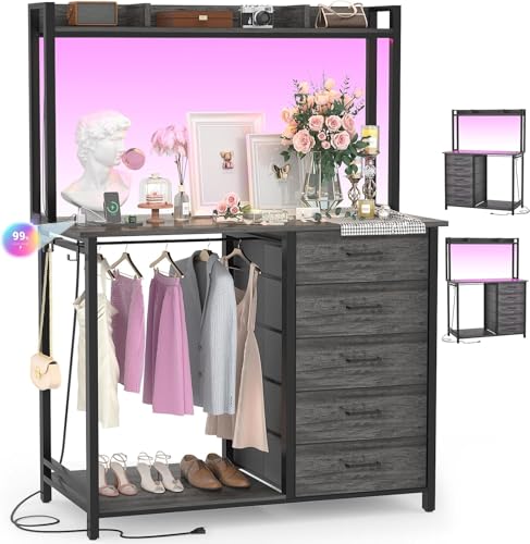 La mejor comparación de Ropero Gris - los preferidos. 42 Owii Comoda Cajonera para Recamara,Cómoda con Percheros Integrados de 5 Niveles,180x100x40 cm, Armario Multifuncional con Luces RGB, 3 Enchufes + 2 USB y Control Remoto (Gris)