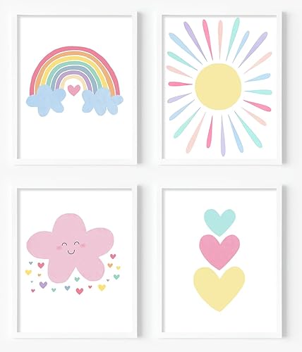 Impresiones artísticas para pared de guardería color rosa, lienzo arcoíris pastel, decoración de pared, bohemio, nube rosa, corazones de sol, arte