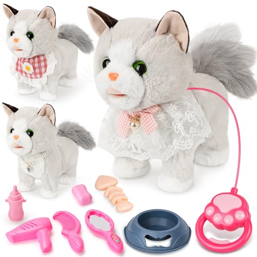 LumenVela Gatto Giocattolo, Interattivo Gatto Robot con Guinzaglio e Accessori di Abbigliamento, Elettronico Peluche Gatto che Cammina, Miagola e Scodinzola Regalo per Bambine di 4, 5, 6, 7, 8 Anni
