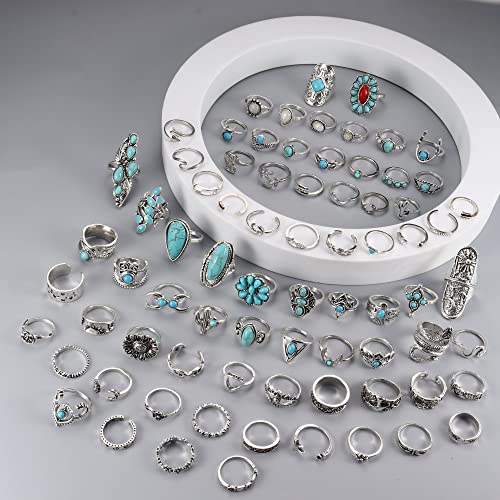 Fansilver 76Pcs Western Turquoise Rings For Women Bohemian Rings Set Stackable Joint Finger Rings Women's Stacking Rings Vintage Silver Knuckle Rings #TOP4