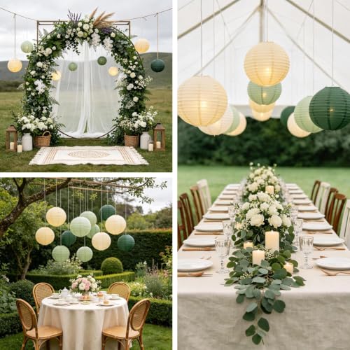 Image of Boho Chinese Paper Lanterns LED Lights, 10-Pack 10inch | Hanging Lights in Cream, Sage & Forest Green for Garden Party, Boho Wedding, Birthday Decorations & Home Party