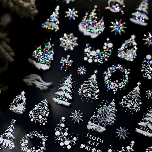 Christmas Nail Art Stickers 5D Embossed Snowflake Nail Stickers Xmas Tree Design Nail Decals Aurora Silver Nail Art Supplies for Women Acrylic DIY Nail Decorations