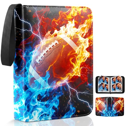 Image of Football Card Binder 4 Pockets Sports Card Binder Holds 400 Cards with 50 Removable Double Sleeves, Portable PU Zipper Trading Card Album, Fits TCG Collectors Boys Girls Gift
