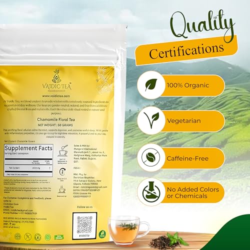 Image of VAIDIC TEA Chamomile Tea, 50g, Herbal Tea, Caffeine Free, Supports Calm Sleep & Relaxation, Flower Based, Non-Bitter, Zipper Pack